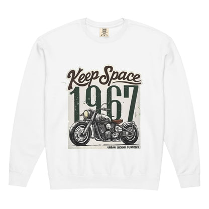 White long-sleeve shirt with a motorcycle graphic and text 'Keep Space 1967' on a white background