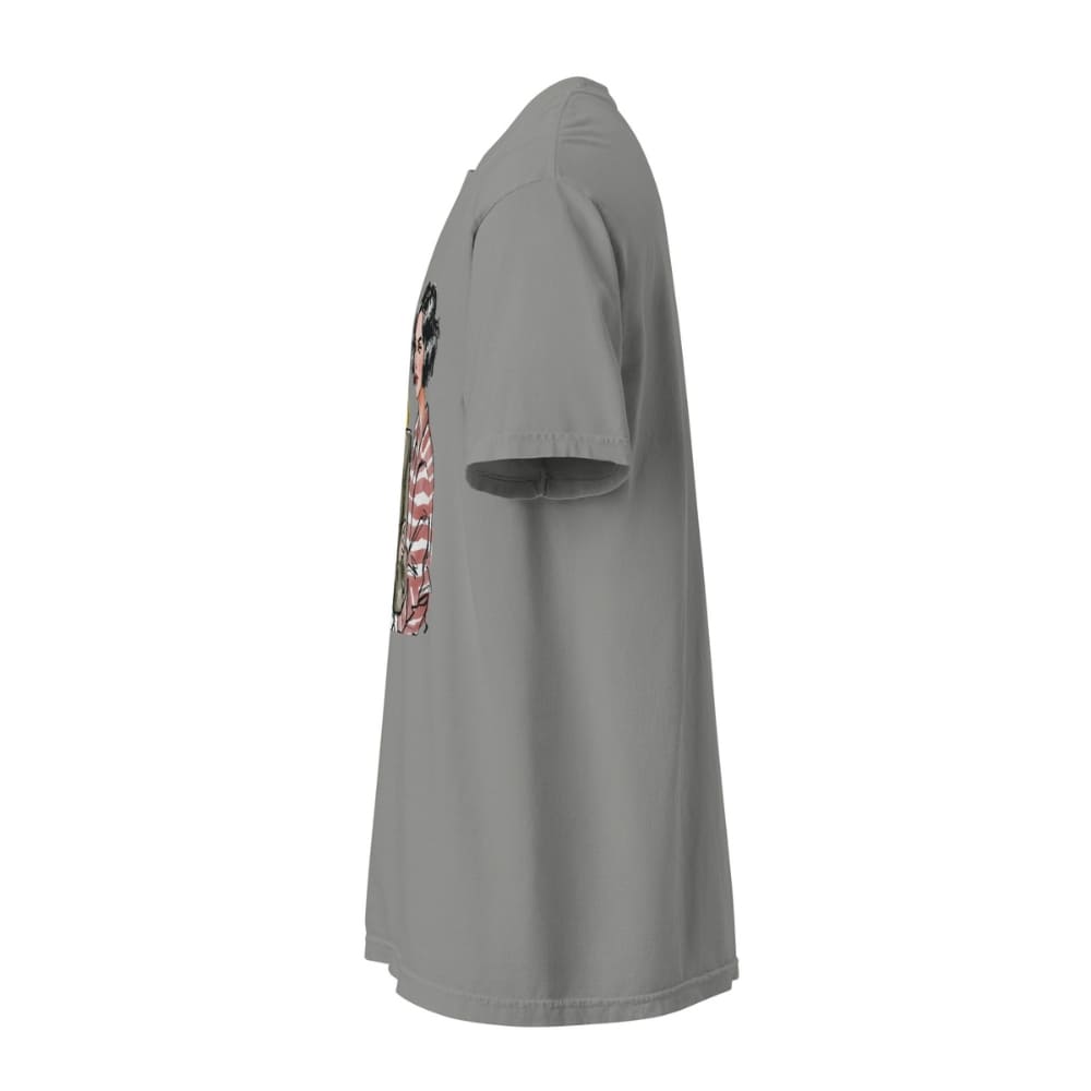 Gray t-shirt with colorful designs on the sleeves against a white background