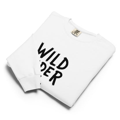 White sweatshirt with 'Wild Rider' text on a white background