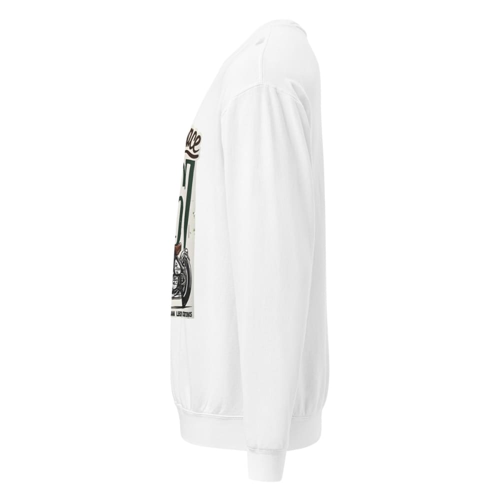 White sweatshirt with a graphic design on the sleeve against a white background