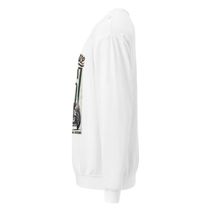 White sweatshirt with a graphic design on the sleeve against a white background