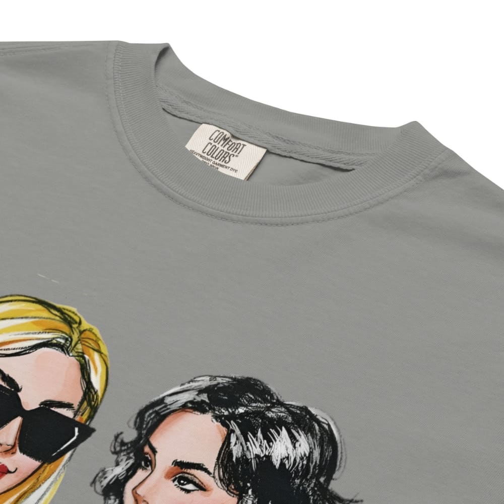 Gray t-shirt with artistic portraits of two women on a white background