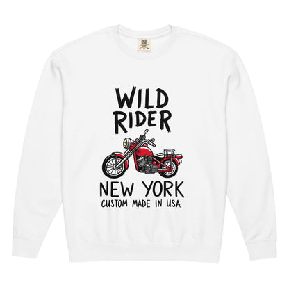 White sweatshirt with 'Wild Rider New York' design featuring a red motorcycle on a white background.