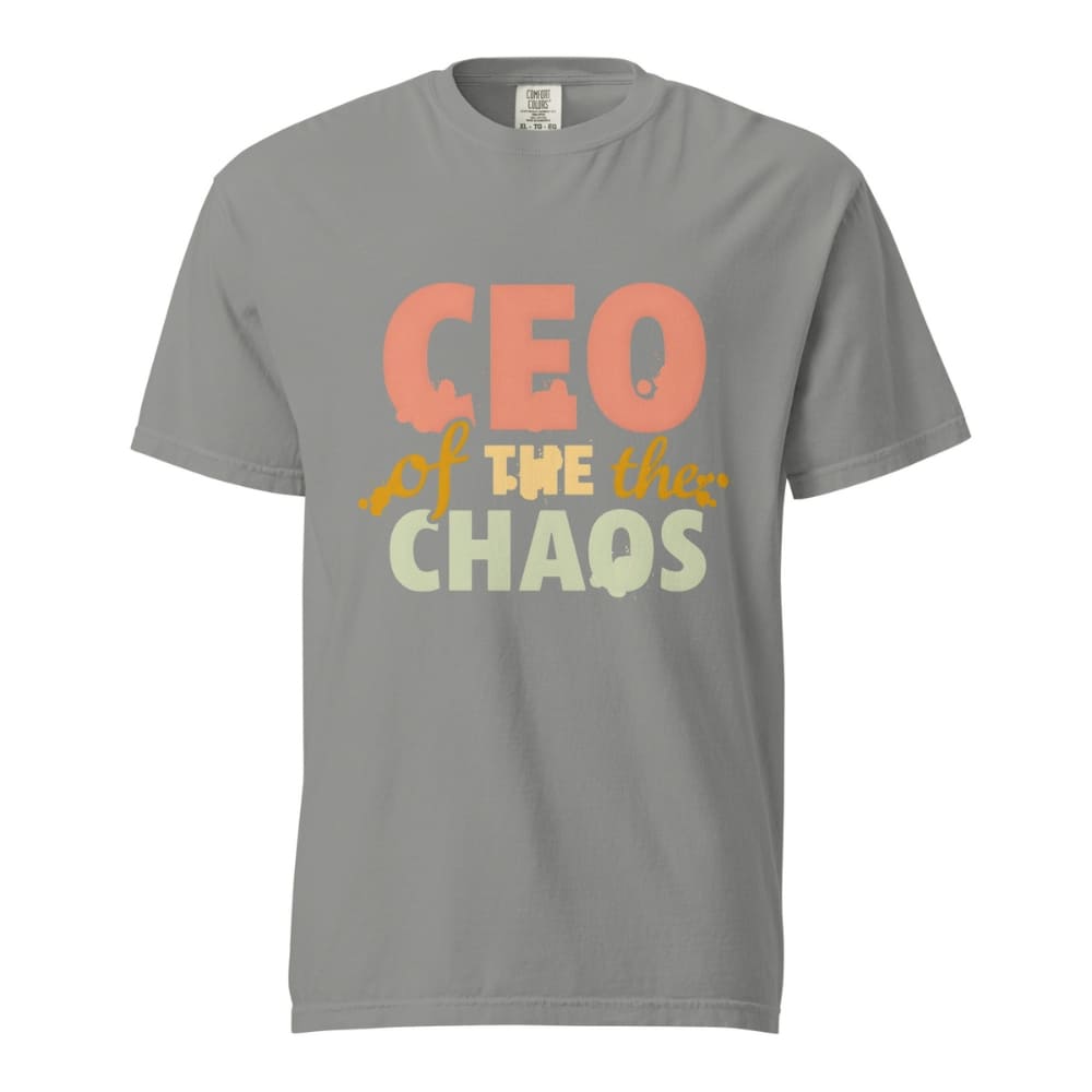 CEO of the Chaos” printed on a heavyweight cotton t-shirt in soft pastel ink, laid flat with a minimal lifestyle background.