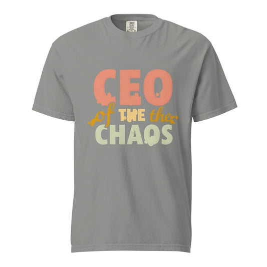 CEO of the Chaos” printed on a heavyweight cotton t-shirt in soft pastel ink, laid flat with a minimal lifestyle background.