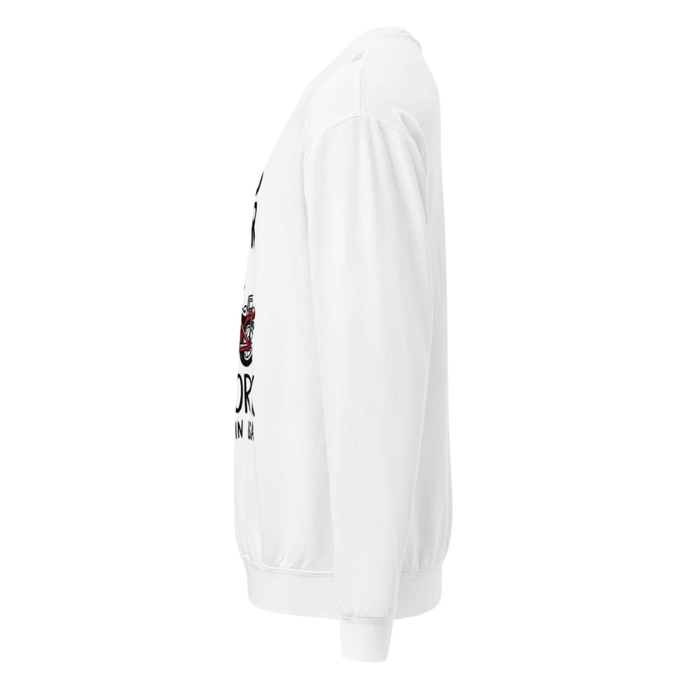 White sweatshirt with black text and graphics on a white background