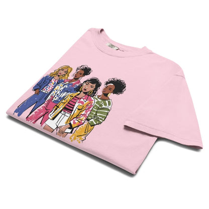 Blossom-pink t-shirt with a graphic of four women on a white background