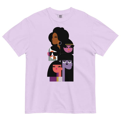 Lavender t-shirt with graphic of four stylized women on a white background