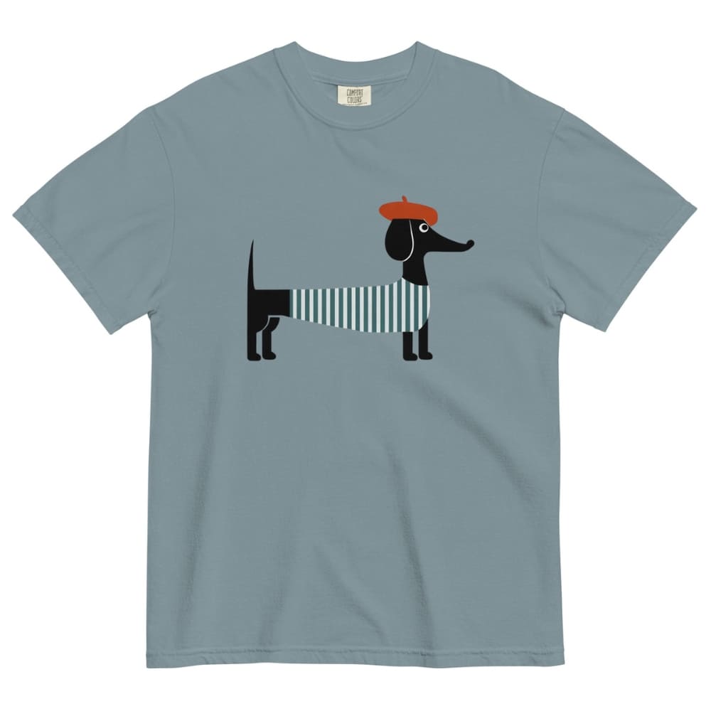 Ice blue t-shirt with a dachshund graphic wearing a red beret and striped tie on a white background
