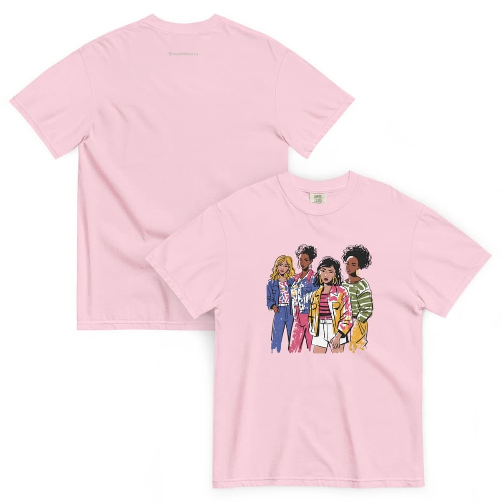 Blossom-pink t-shirt with cartoon characters on a white background