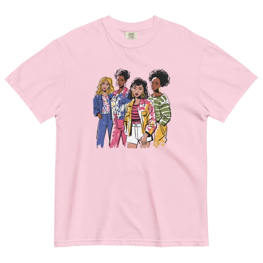 Blossom-pink t-shirt with cartoon illustration of four women on a white background