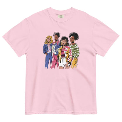 Blossom-pink t-shirt with cartoon illustration of four women on a white background
