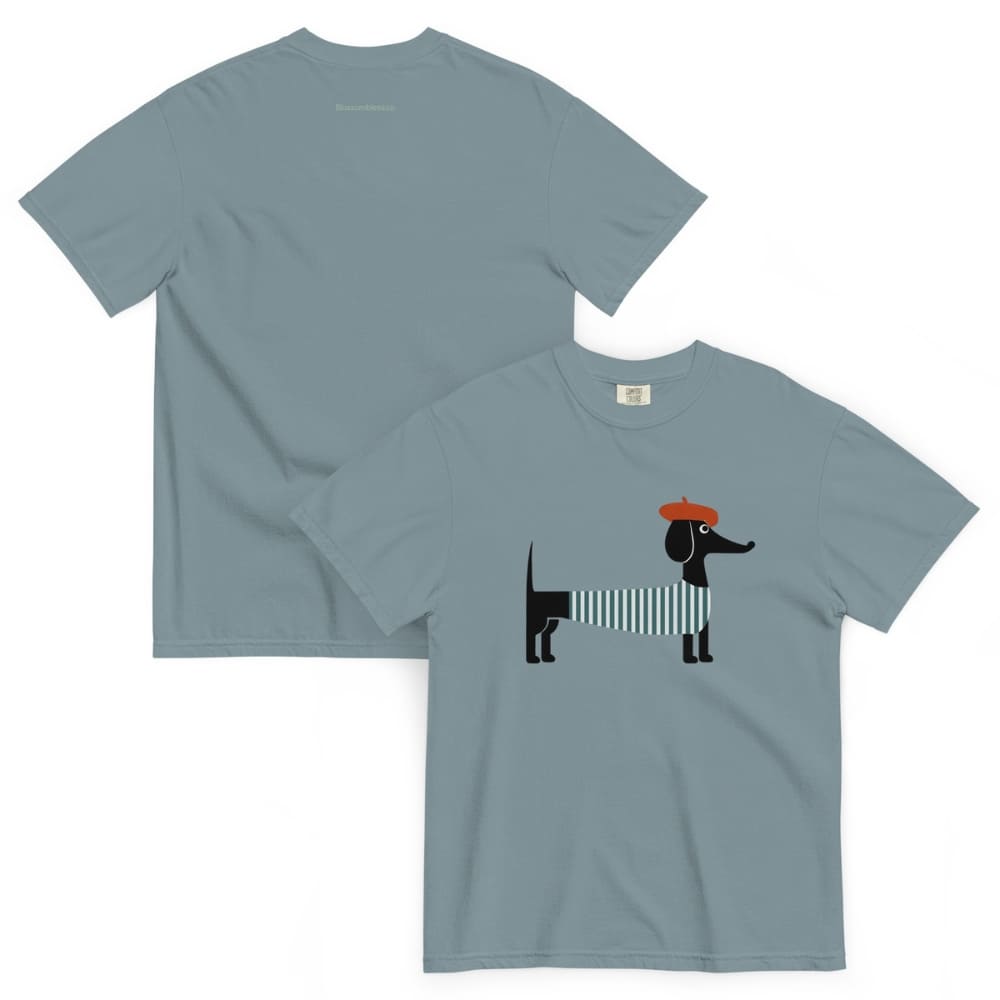 Ice blue t-shirt with a dog graphic on a white background