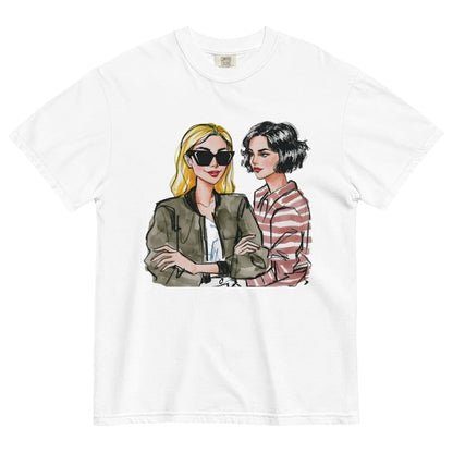 White t-shirt with illustrations of two women on a white background
