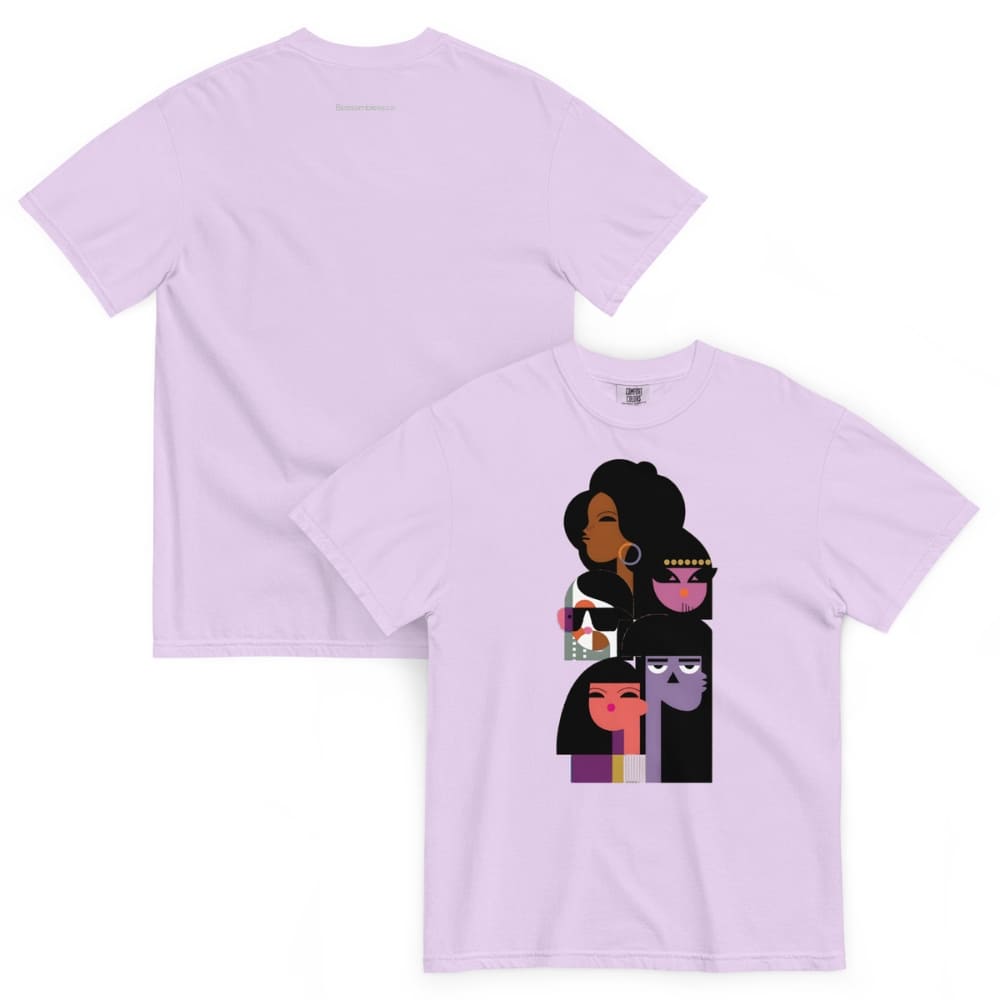 Lavender t-shirt with a graphic design of a woman holding a glass of wine on a white background