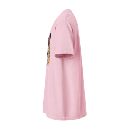 Blossom-pink t-shirt with a small graphic on the sleeve against a white background