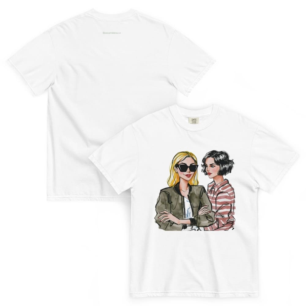 White t-shirt with graphic of two women on a white background