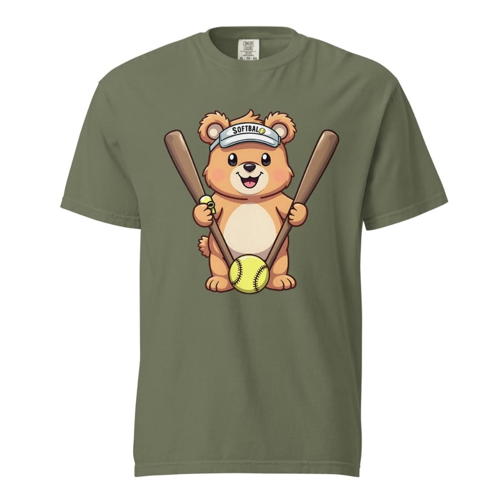 Cartoon bear holding softball bats and ball wearing a visor labeled “Softball” – printed on garment-dyed heavyweight t-shirt for sporty moms
