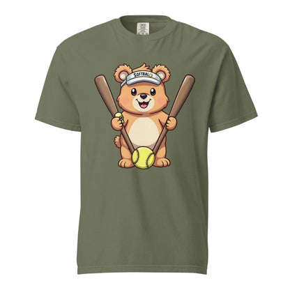 Cartoon bear holding softball bats and ball wearing a visor labeled “Softball” – printed on garment-dyed heavyweight t-shirt for sporty moms