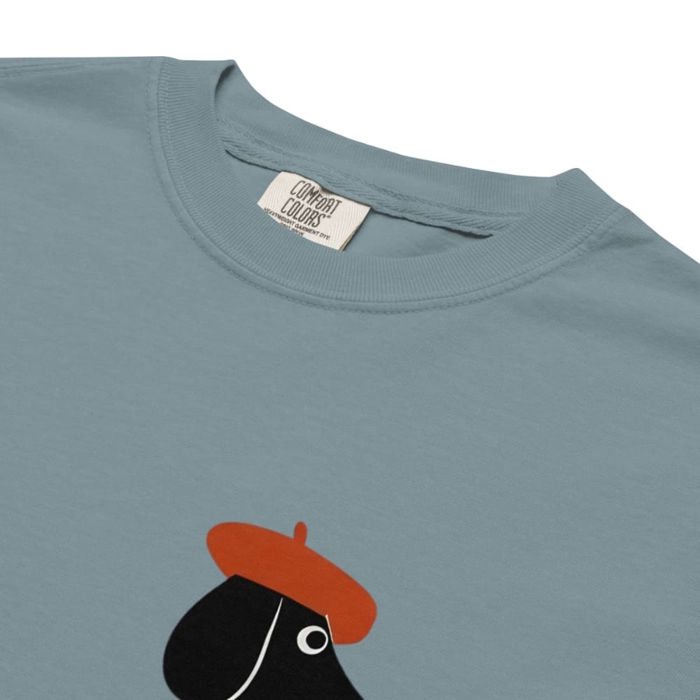 Ice blue t-shirt with a rooster wearing a red beret design and Comfort Colors label.