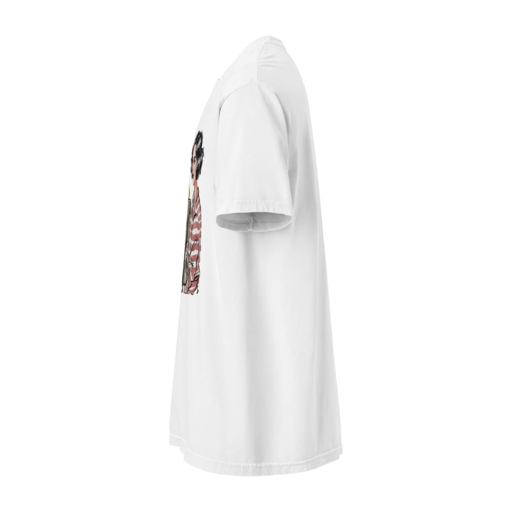 White t-shirt with a graphic design on a white background