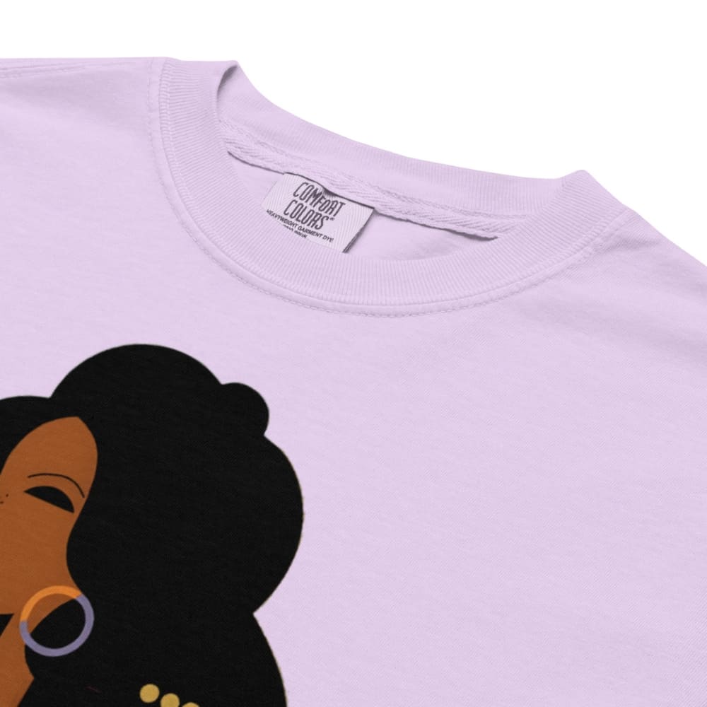 Lavender t-shirt with a graphic of a woman's face and 'Comfort Colors' label.