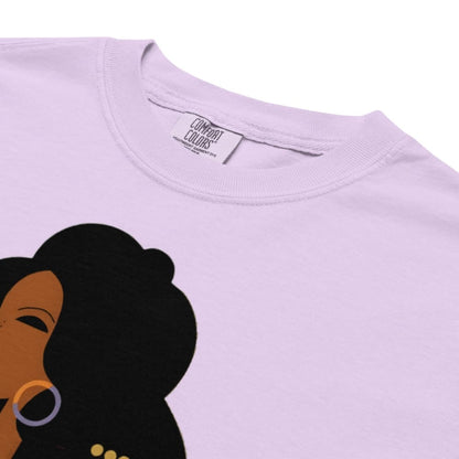 Lavender t-shirt with a graphic of a woman's face and 'Comfort Colors' label.