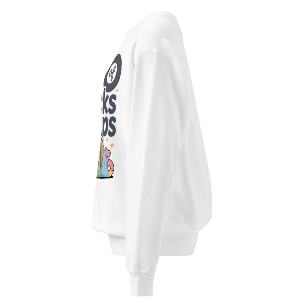 "CEO of Snacks & Naps" printed sweatshirt featuring a sloth in a crown surrounded by pretzels and plushies on vintage-washed cotton fleece