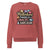 Sweatshirt design with text “Motherhood. Powered by Snacks & Sarcasm.” featuring colorful macarons and a steaming coffee cup on vintage-washed cotton fleece.
