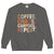 Gray sweatshirt with colorful text 'COFFEE. CHAOS. CARPOOL. REPEAT.' on a white background