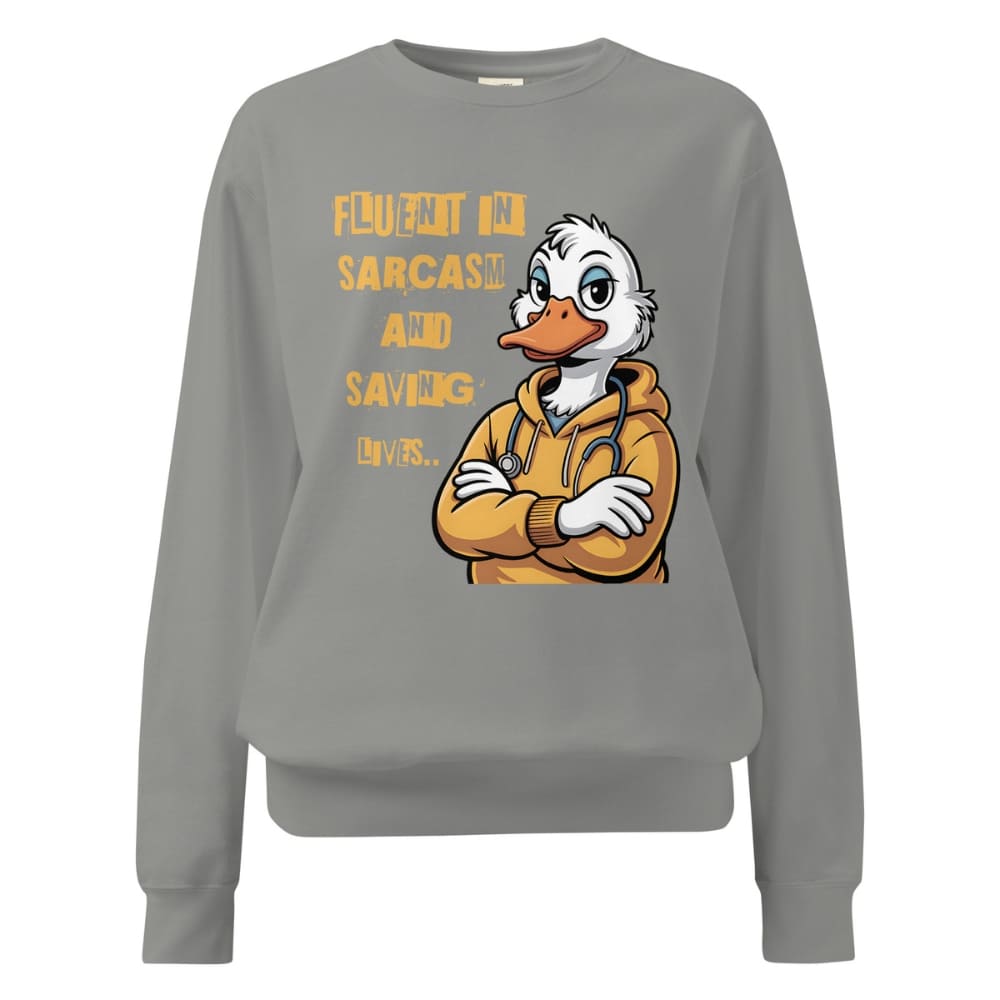 Gray sweatshirt with cartoon duck character and text on a white background