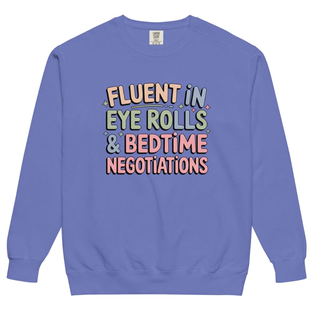Blue sweatshirt with colorful text on a white background
