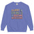 Blue sweatshirt with colorful text on a white background