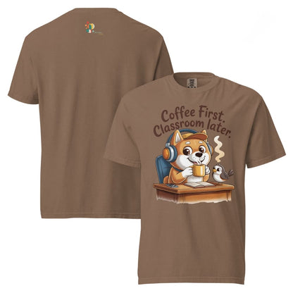 Brown t-shirt with a cartoon fox and bird design and text 'Coffee First, Classroom later.'