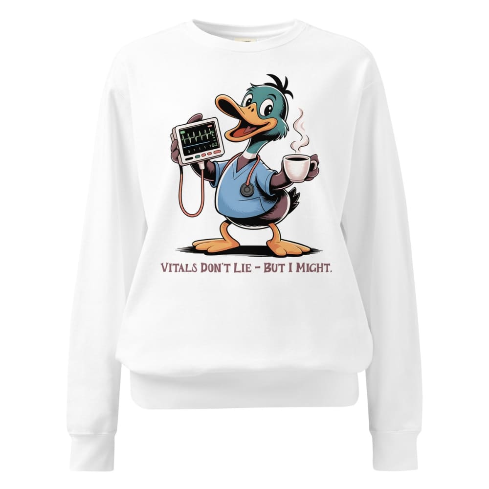 White sweatshirt with a cartoon duck character holding a stethoscope and mug, on a white background.