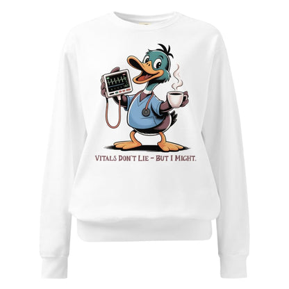 White sweatshirt with a cartoon duck character holding a stethoscope and mug, on a white background.