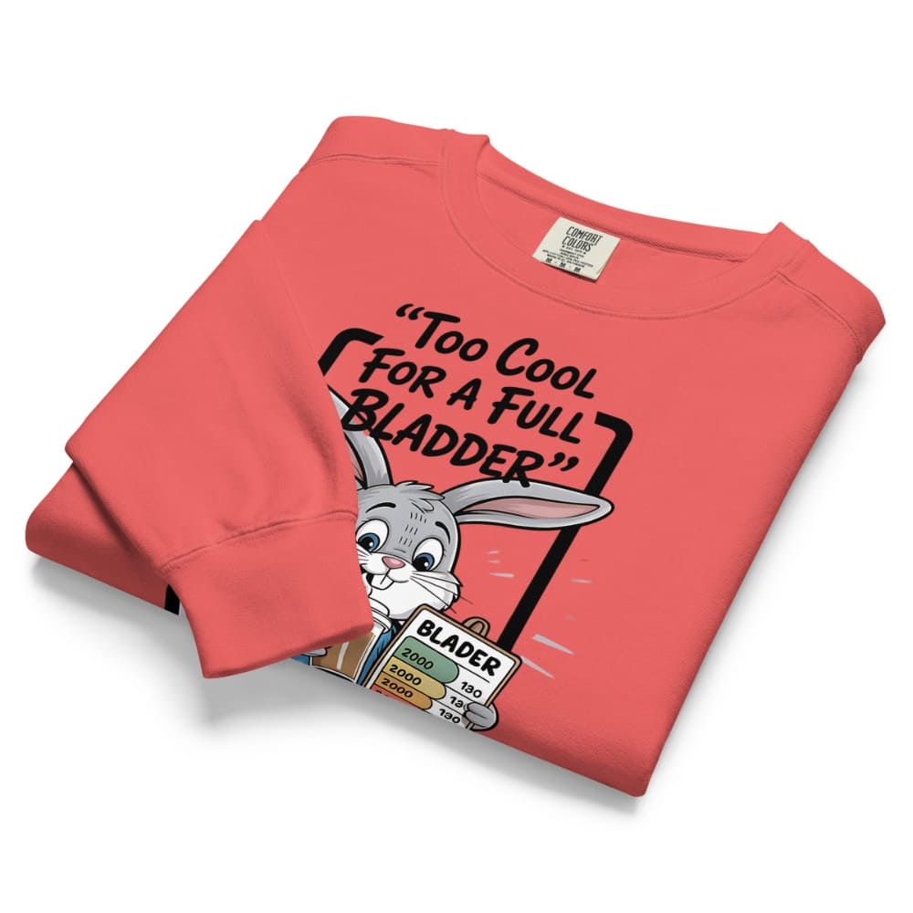 Folded red sweatshirt with cartoon character and text on a white background