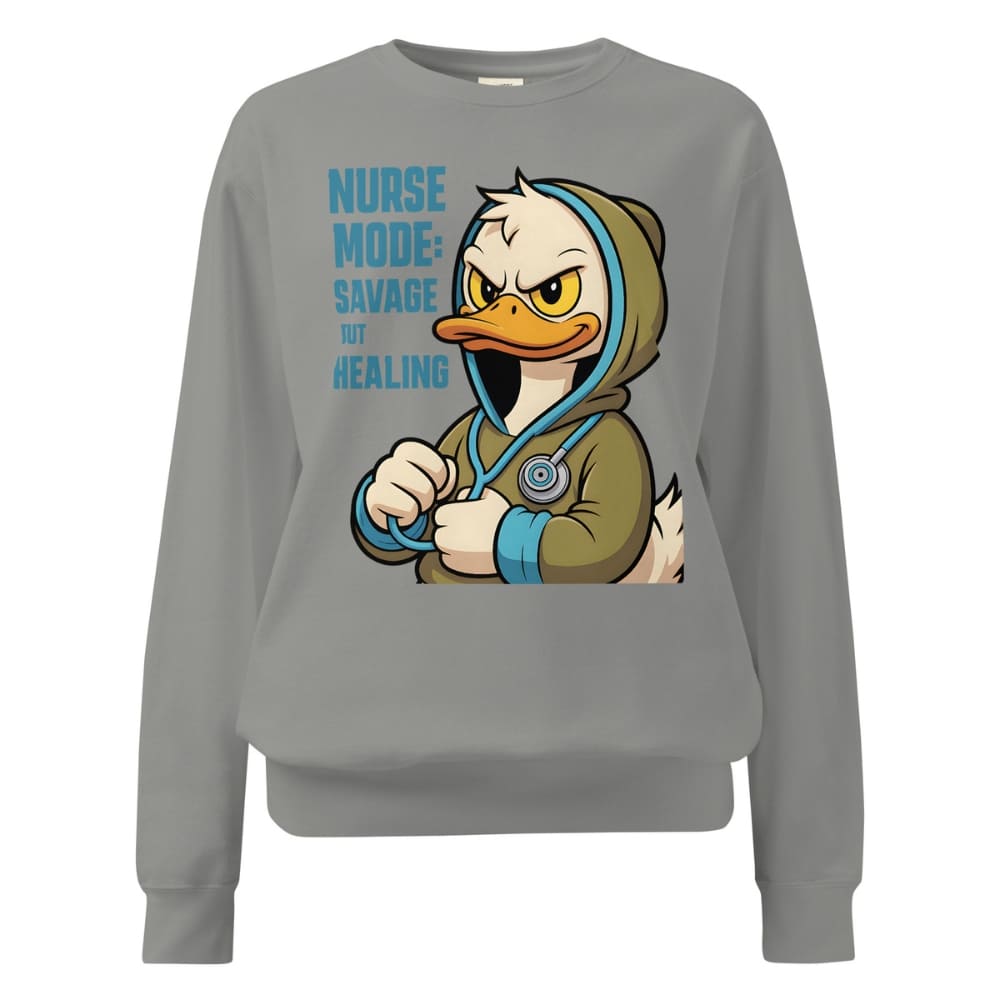 Gray sweatshirt with a cartoon duck character and text on a white background