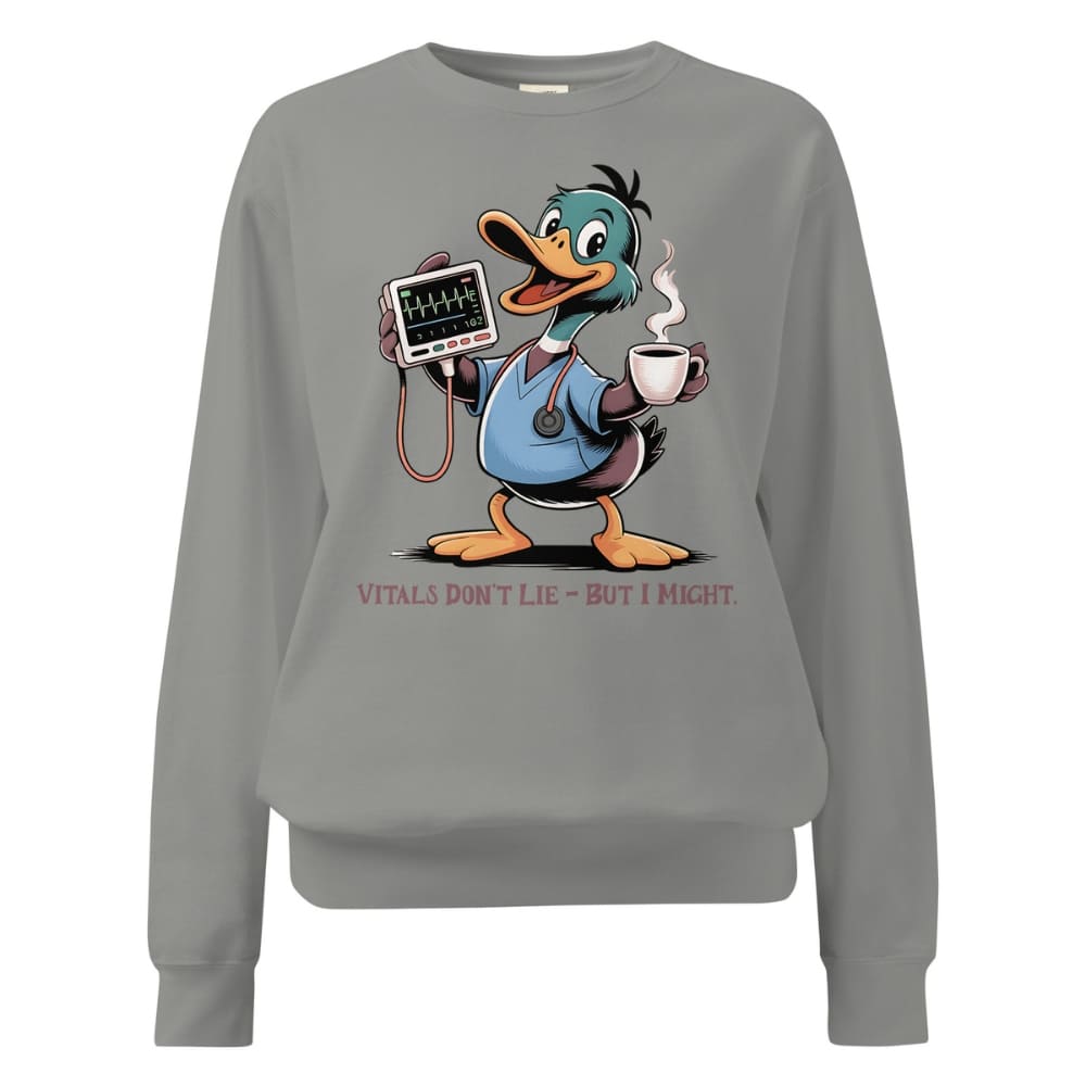 Gray sweatshirt with a cartoon duck character holding a stethoscope and coffee cup on a white background