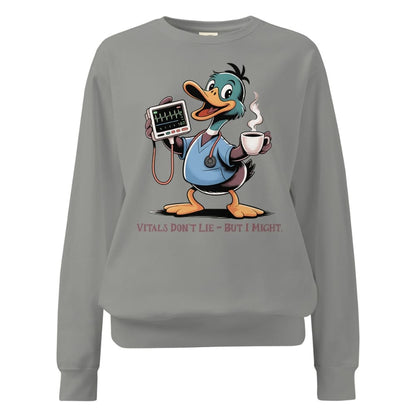 Gray sweatshirt with a cartoon duck character holding a stethoscope and coffee cup on a white background