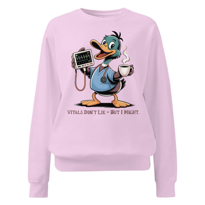 Pink sweatshirt with cartoon duck character holding a coffee cup and monitor, on a white background.