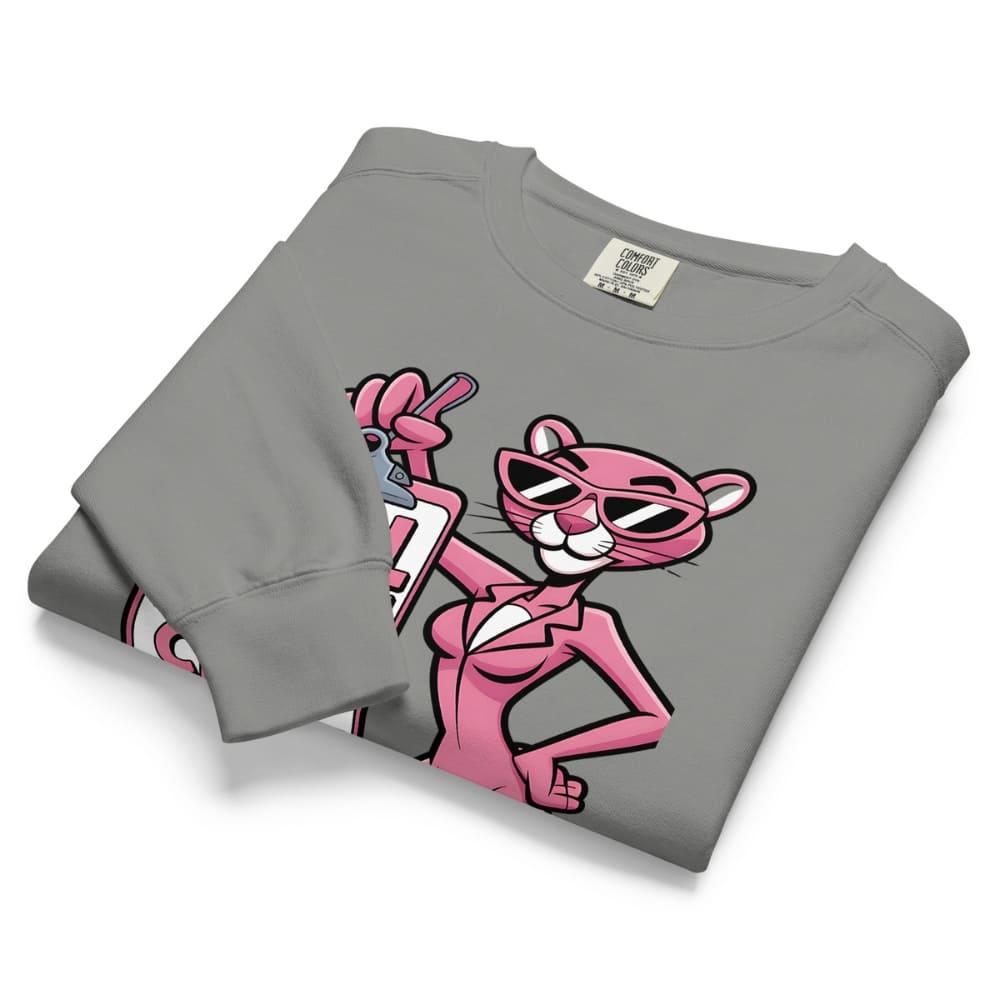 Folded gray sweatshirt with Pink Panther graphic on a white background