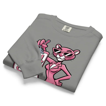 Folded gray sweatshirt with Pink Panther graphic on a white background