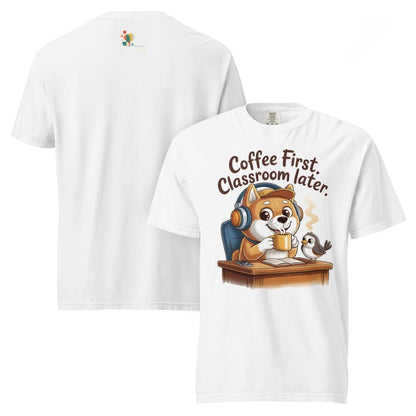 White t-shirt with cartoon fox design and text 'Coffee First, Classroom later.'