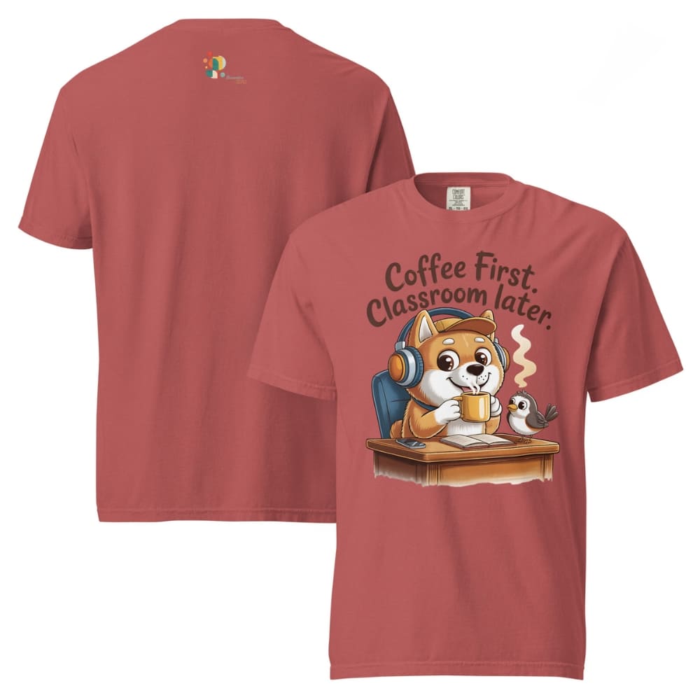 Red t-shirt with cartoon fox and text 'Coffee First, Classroom later.' on a white background