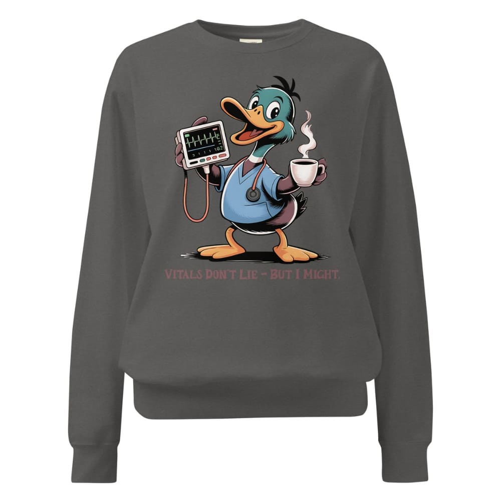 Gray sweatshirt with cartoon duck holding a cup and monitor, on a white background