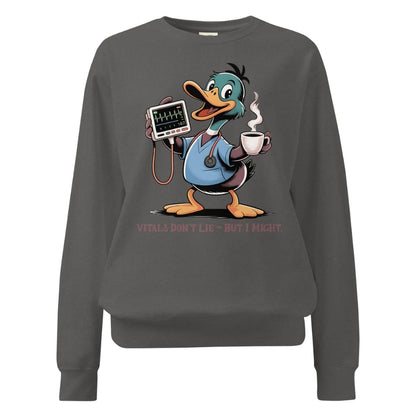 Gray sweatshirt with cartoon duck holding a cup and monitor, on a white background
