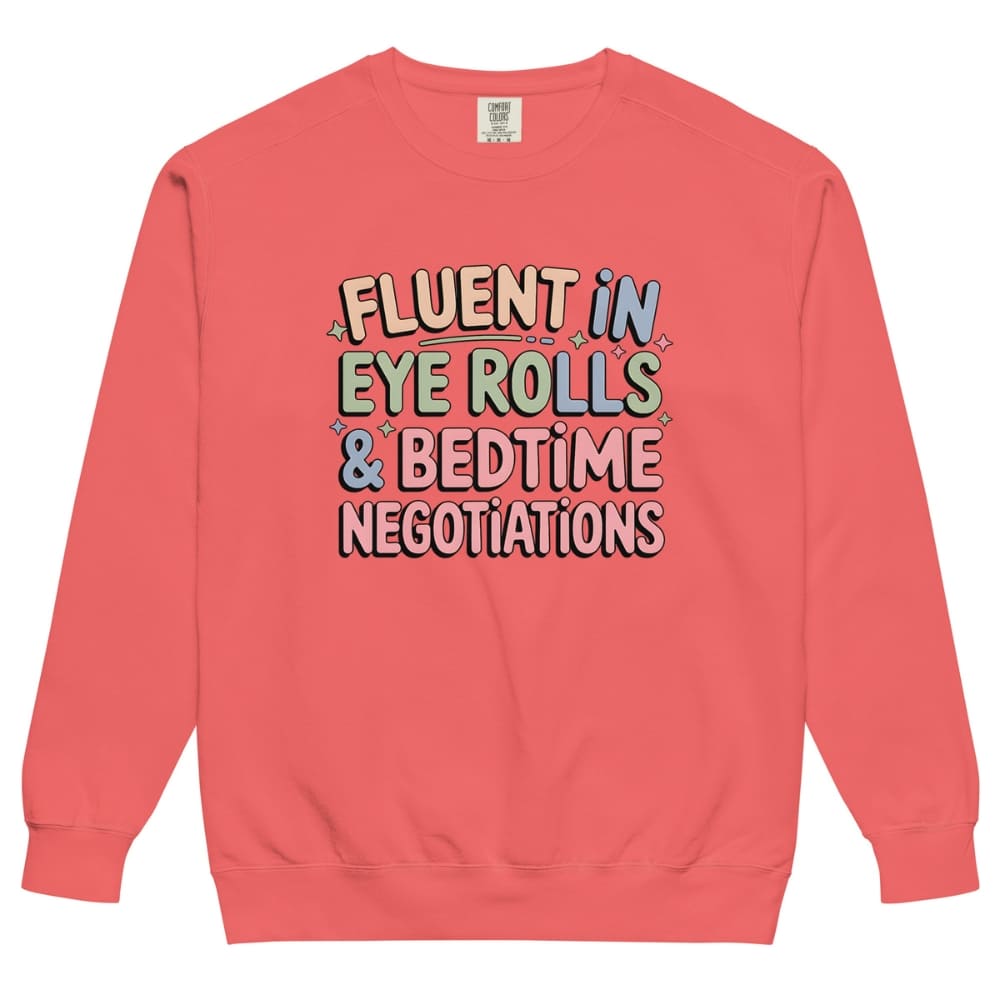 Coral sweatshirt with colorful text on a white background