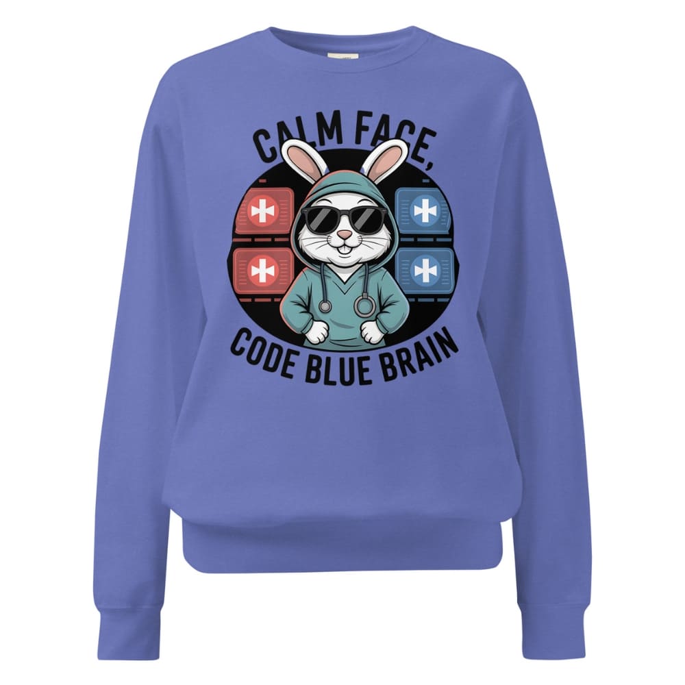 Blue sweatshirt with a graphic of a rabbit in a hoodie and text 'Calm Face, Code Blue Brain' on a white background.