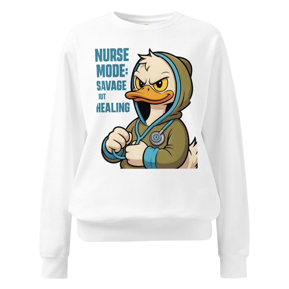 White sweatshirt with a cartoon duck character and text on a white background